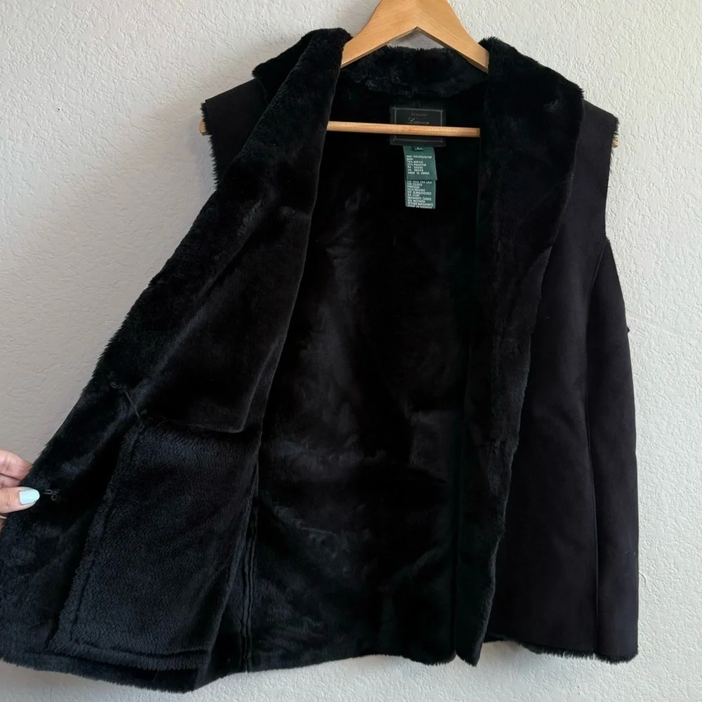 Lauren Ralph Lauren Black Faux Suede Fur Lined Sleeveless Vest Size Large - Picture 4 of 12